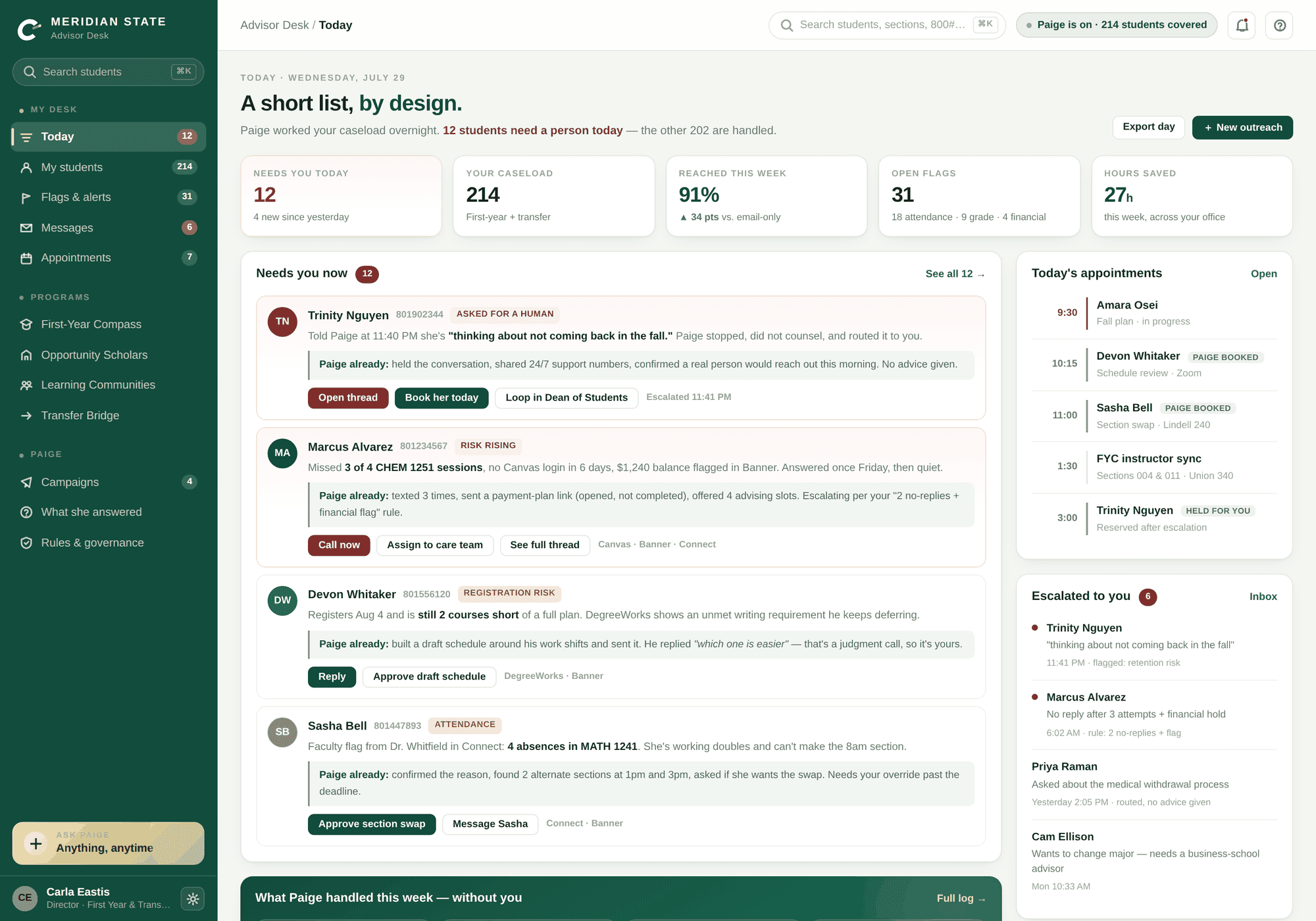 The full advisor desk: counters for students needing attention today, caseload size, share of students reached this week, open flags and hours saved, next to today's appointments and an escalation inbox.