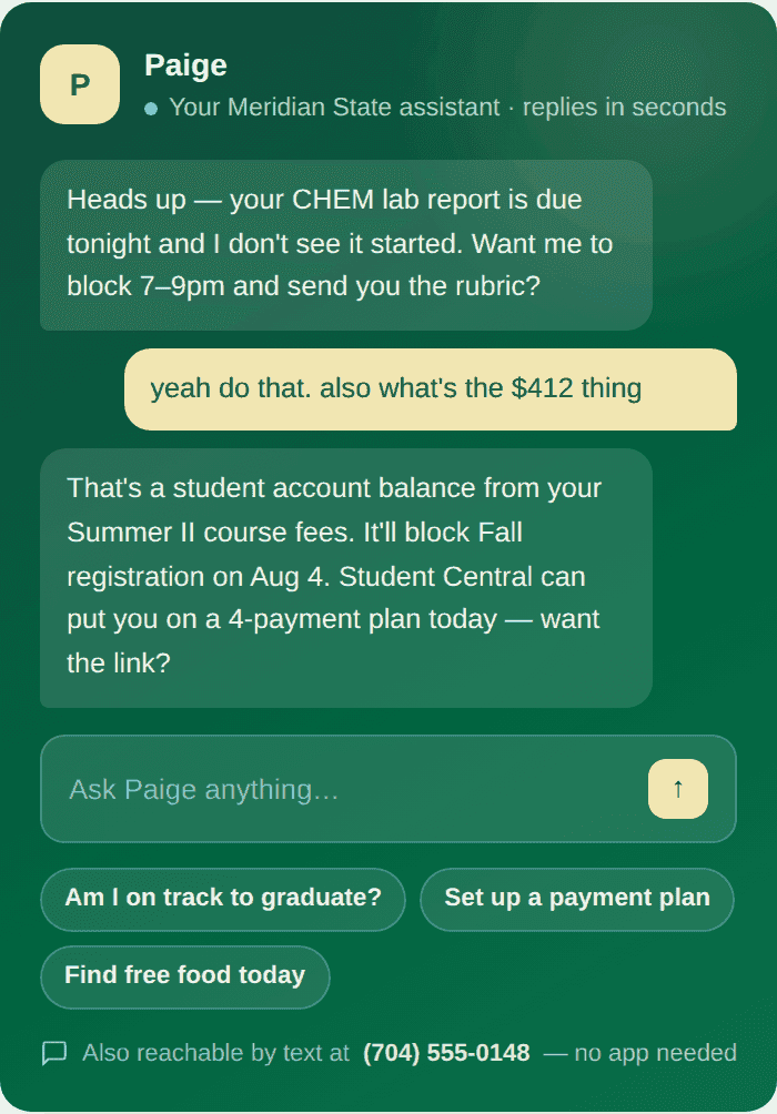 A student's text thread with Paige: she flags a lab report due tonight and offers to block study time, then explains a $412 account balance that will hold Fall registration and offers a payment plan.