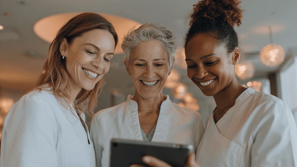 A small med spa team reviewing membership details together on a tablet