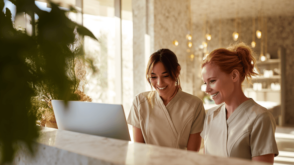 Two med spa staff reviewing client records on a laptop